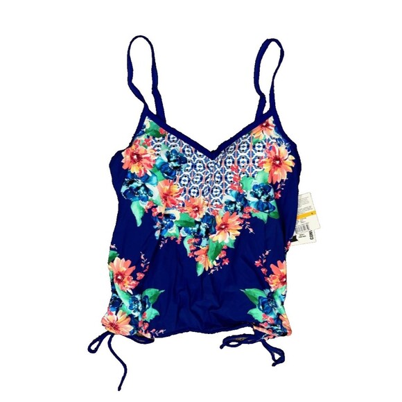 24th and Ocean Tropical V-Neck Underwire Tie Side Tankini Top sz S Blue - Picture 1 of 5